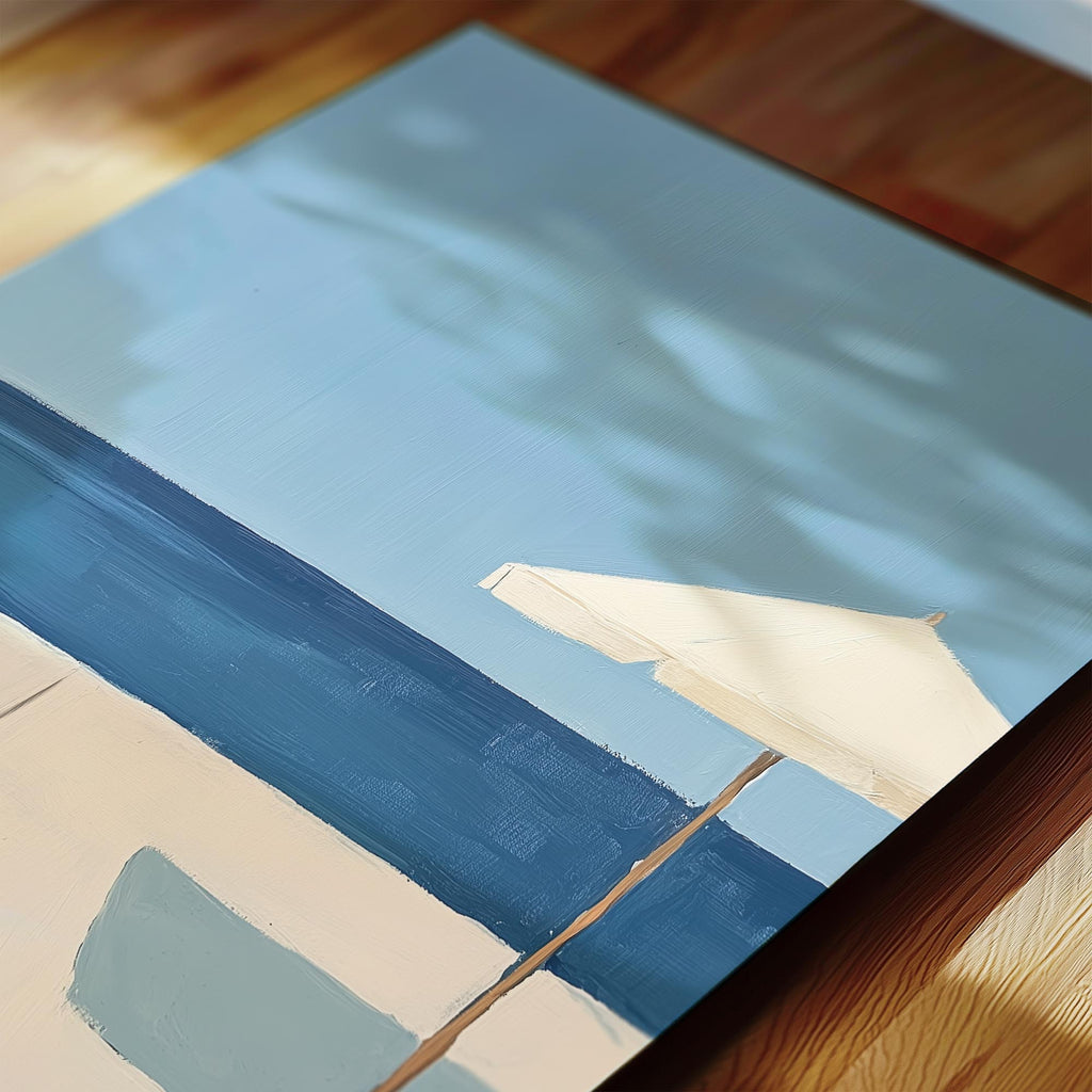 a serene beach scene with a white umbrella and a blue sky, creating a peaceful and relaxing atmosphere.