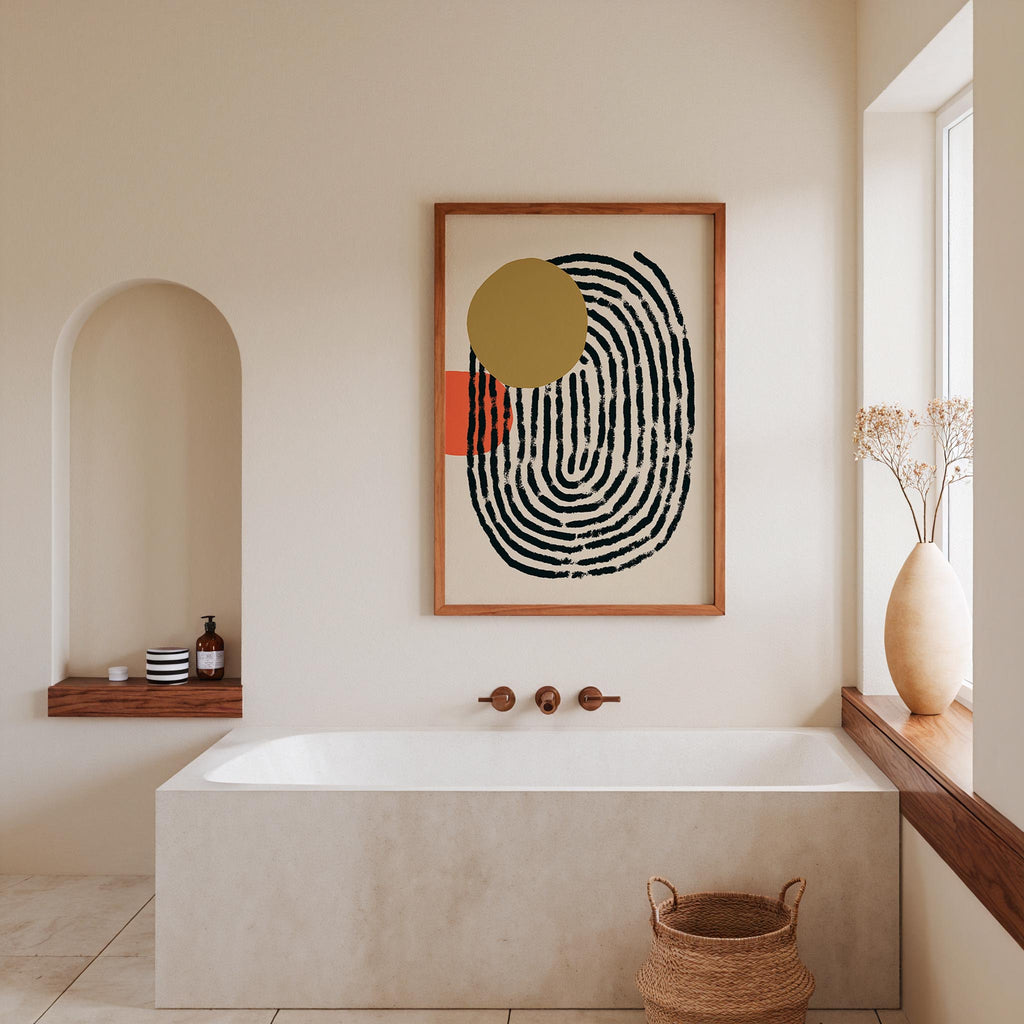 a modern bathroom with a large white bathtub, a wooden shelf, and a framed abstract artwork on the wall.