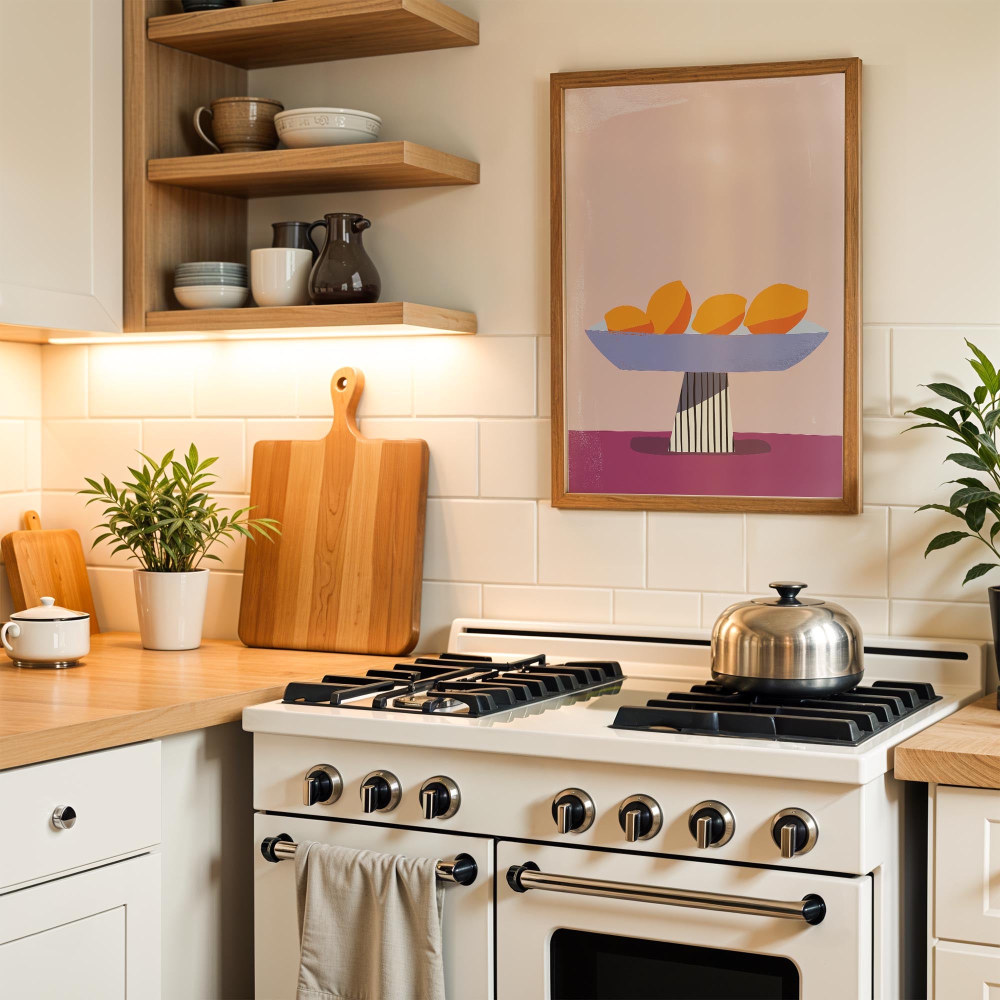 a cozy kitchen scene with a white stove, wooden cutting board, and a framed abstract painting on the wall.