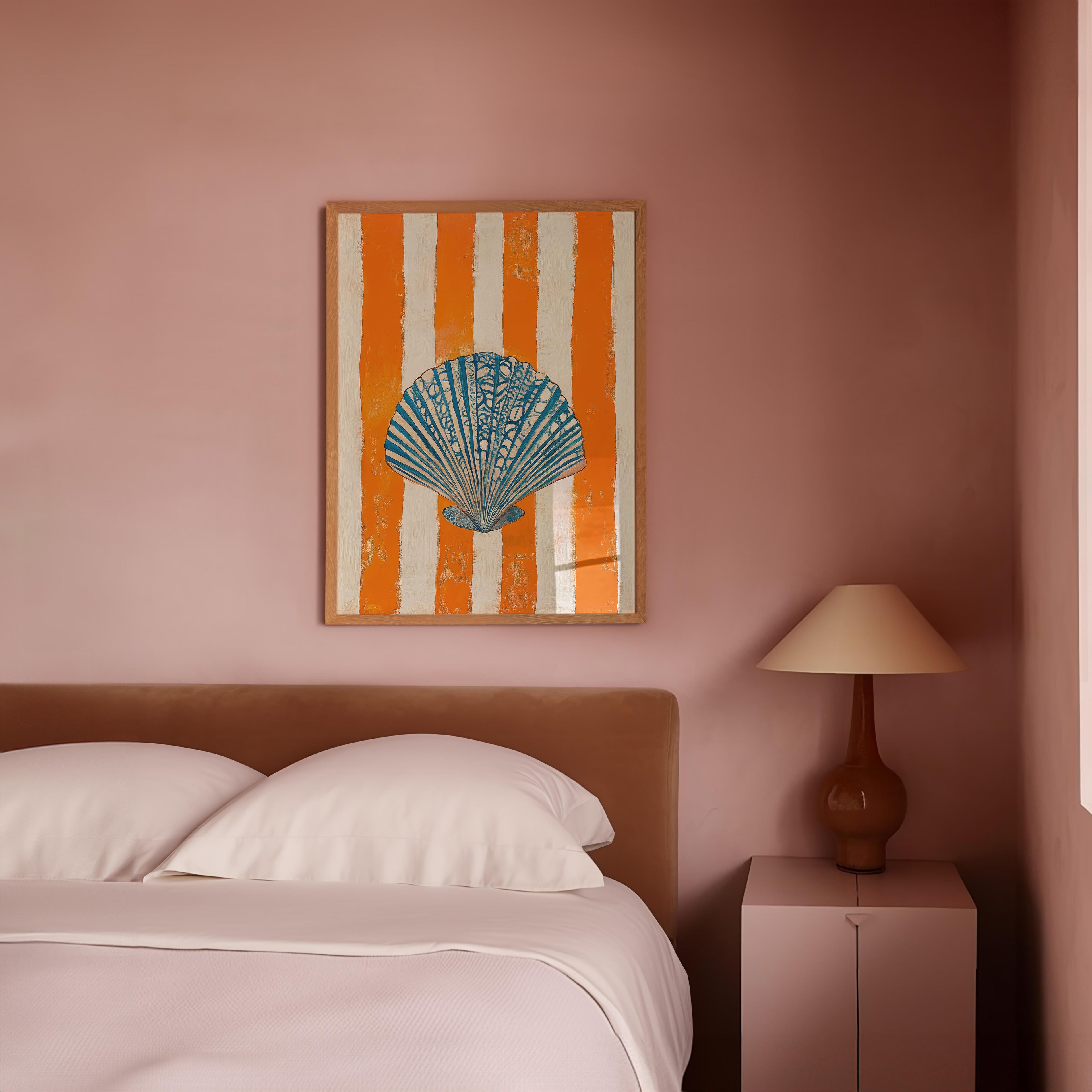 a bedroom with a bed, a framed picture of a seashell on the wall, and a lamp on a nightstand.