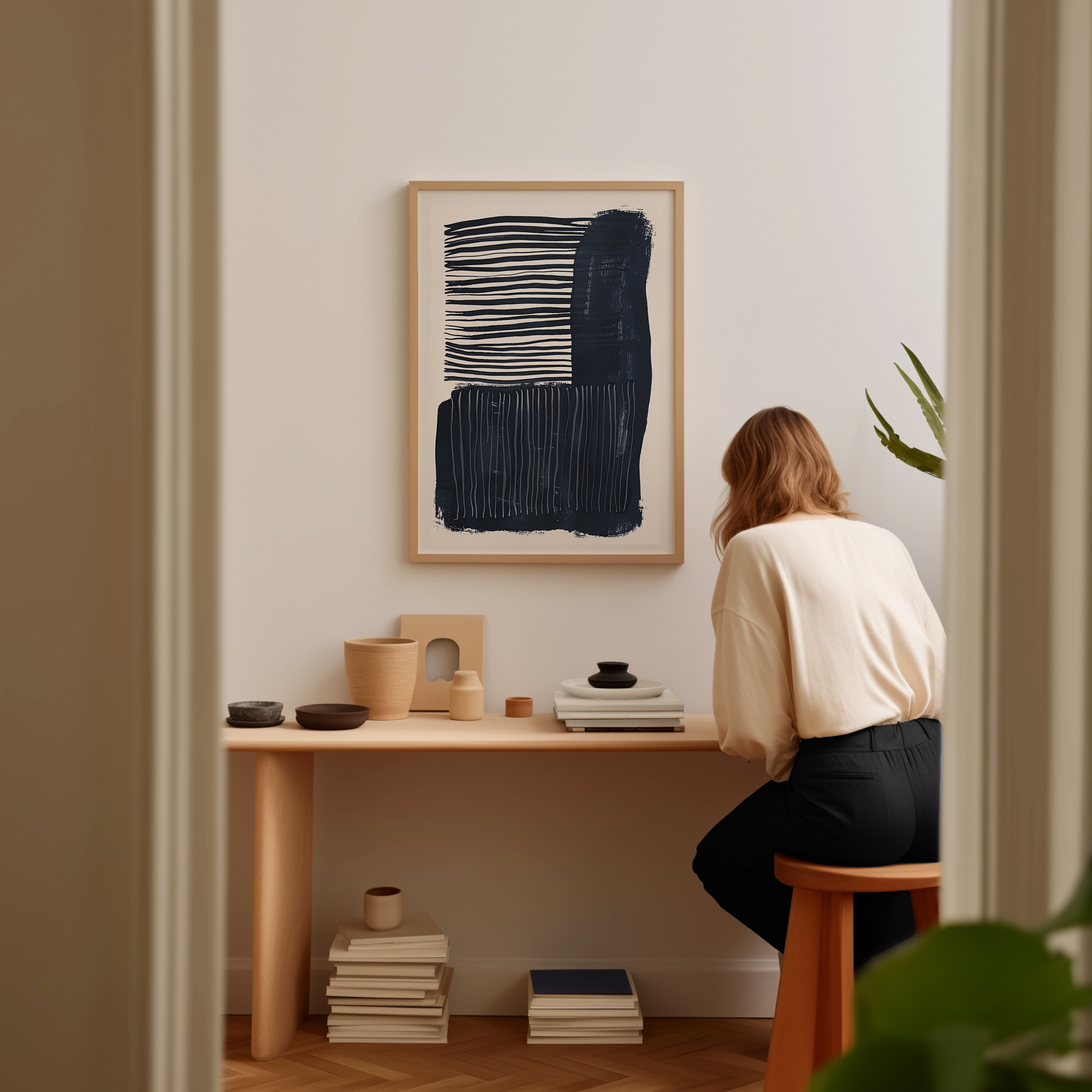 A woman is sitting at a wooden desk, surrounded by various objects, including a stack of books, a plant, and a framed abstract artwork on the wall.
