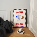 a framed sign that reads "COFFEE PLEASE" with an illustration of a coffee cup and croissants, placed on a wooden floor next to a book and a cup of coffee.