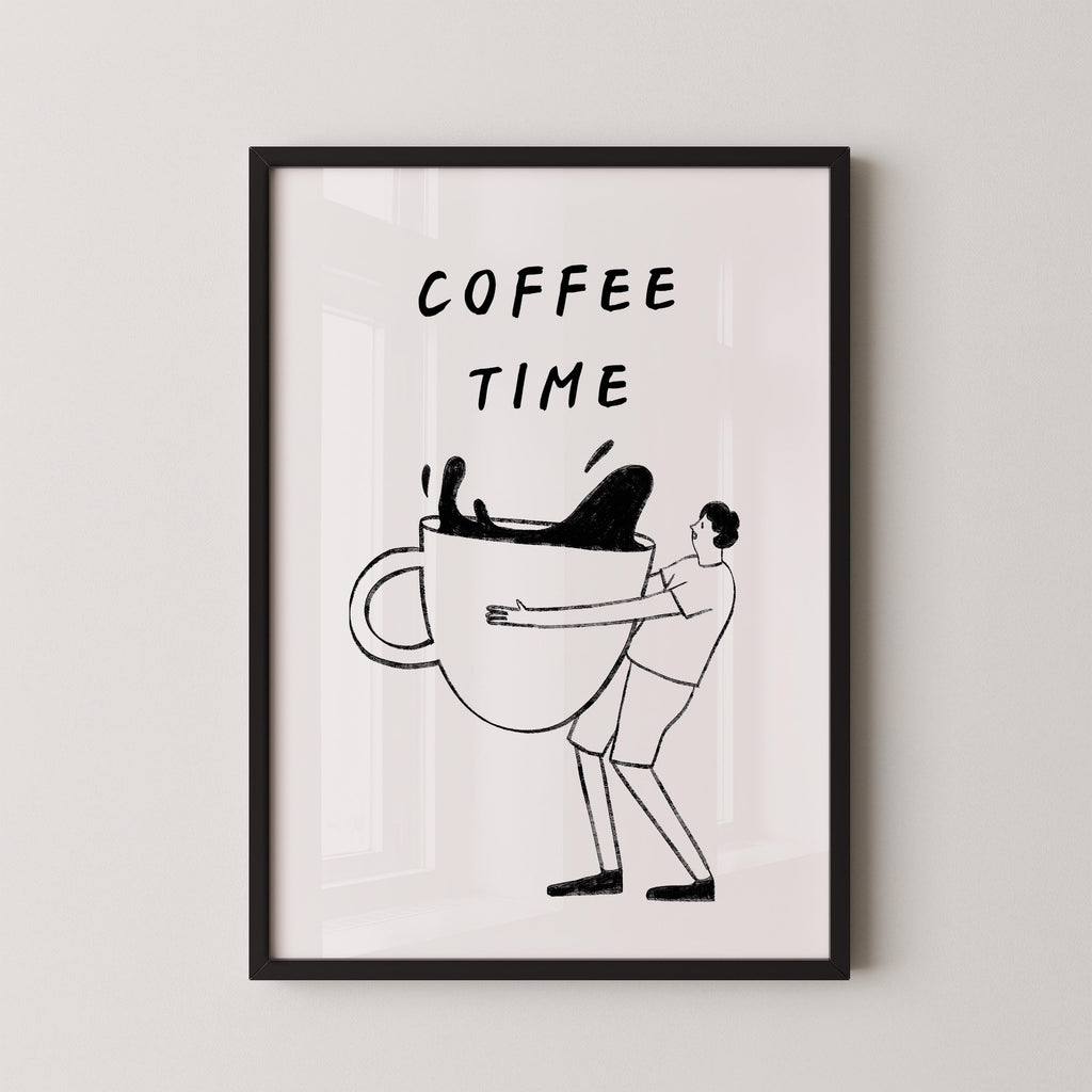 a person holding a large coffee mug with the text "COFFEE TIME" written above it.