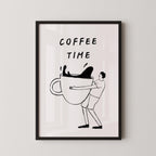 a person holding a large coffee mug with the text "COFFEE TIME" written above it.