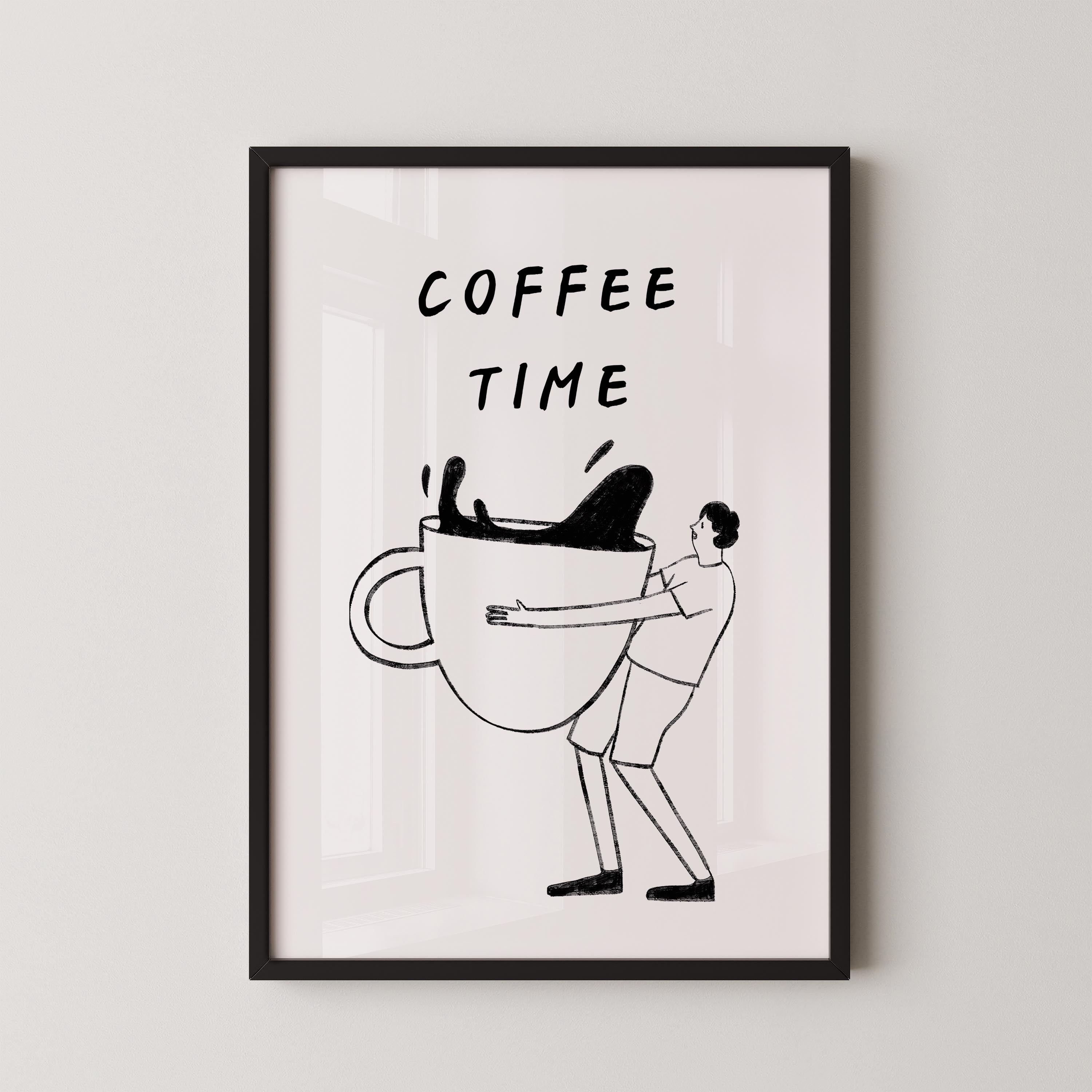 a person holding a large coffee mug with the text "COFFEE TIME" written above it.