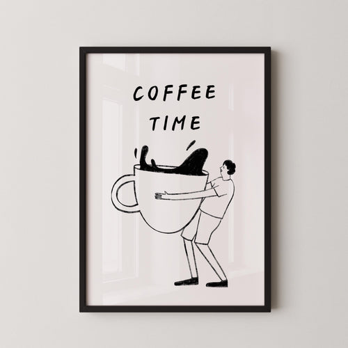 a person holding a large coffee mug with the text "COFFEE TIME" written above it.