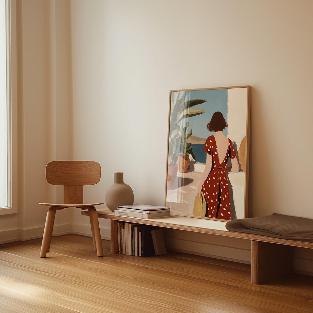 a wooden chair, a wooden bench, a framed painting of a woman in a red dress, and a stack of books on a shelf.