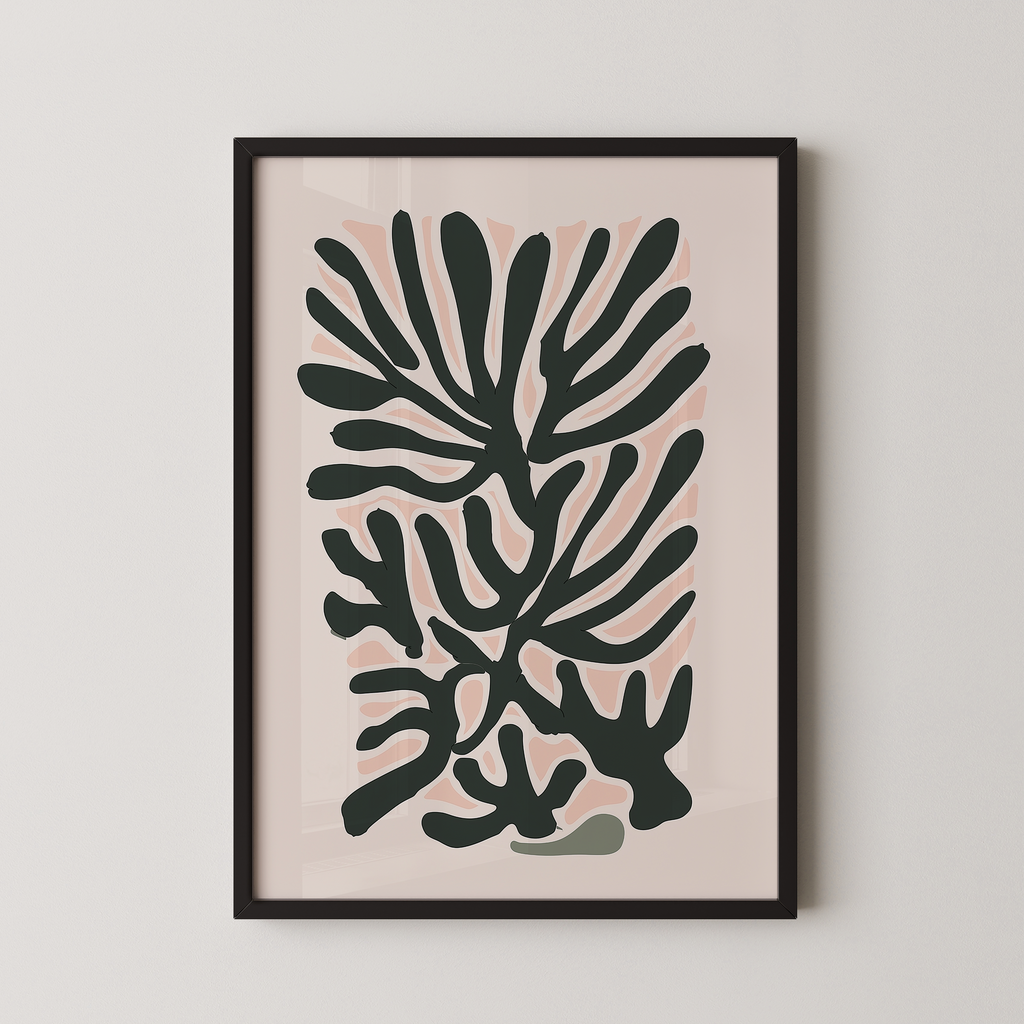 a framed abstract art print with a stylized plant-like design in black and pink colors.