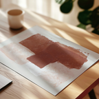 a wooden table with a white paper displaying a large red square in the center, and a white cup placed to the left of the paper.