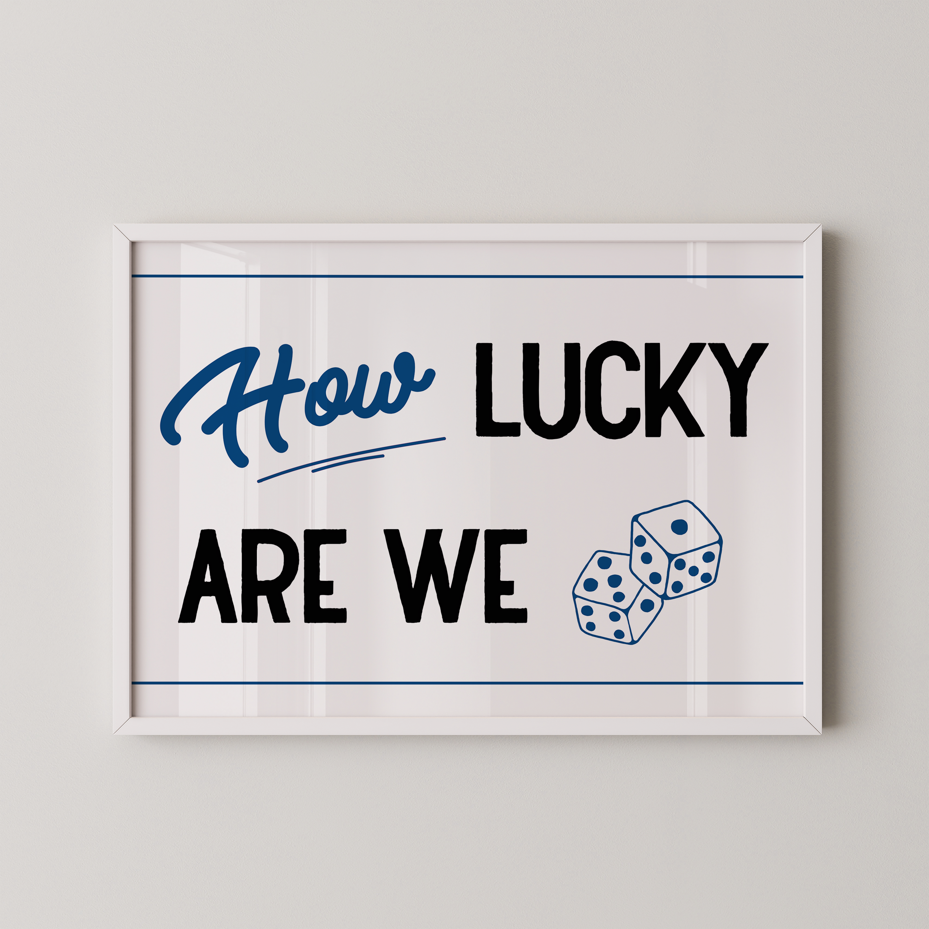 a framed poster with the text "How LUCKY ARE WE" and two dice graphics.