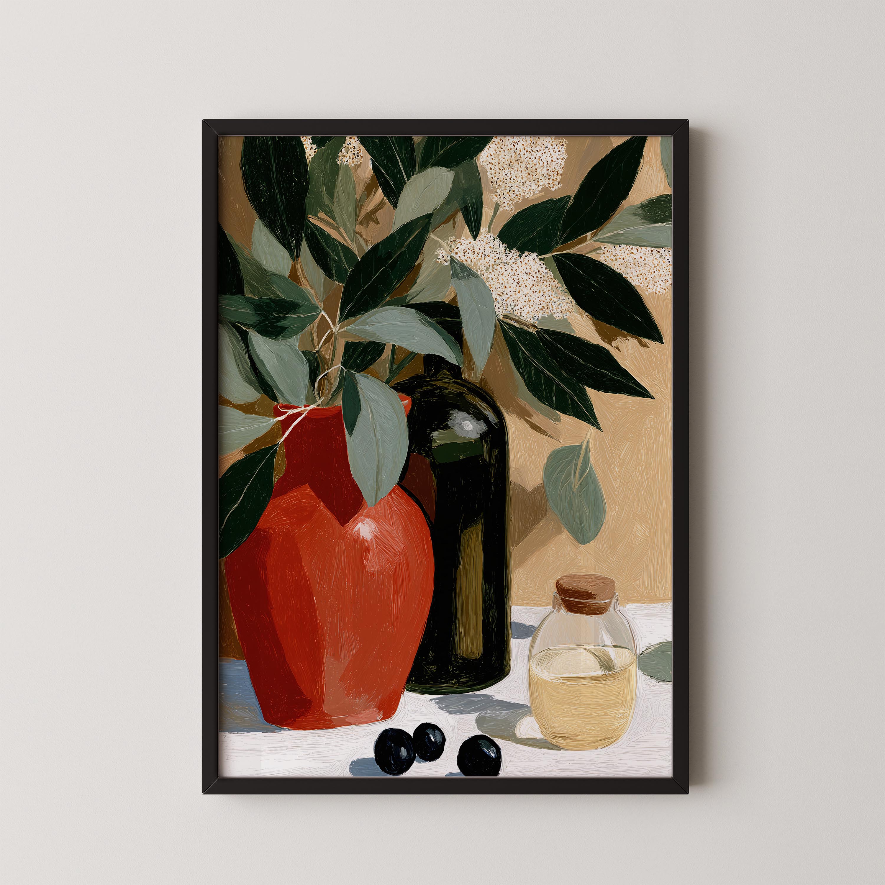 The image is a framed painting depicting a still life arrangement with a red vase, a black bottle, and a glass bottle, along with some green leaves and white flowers.