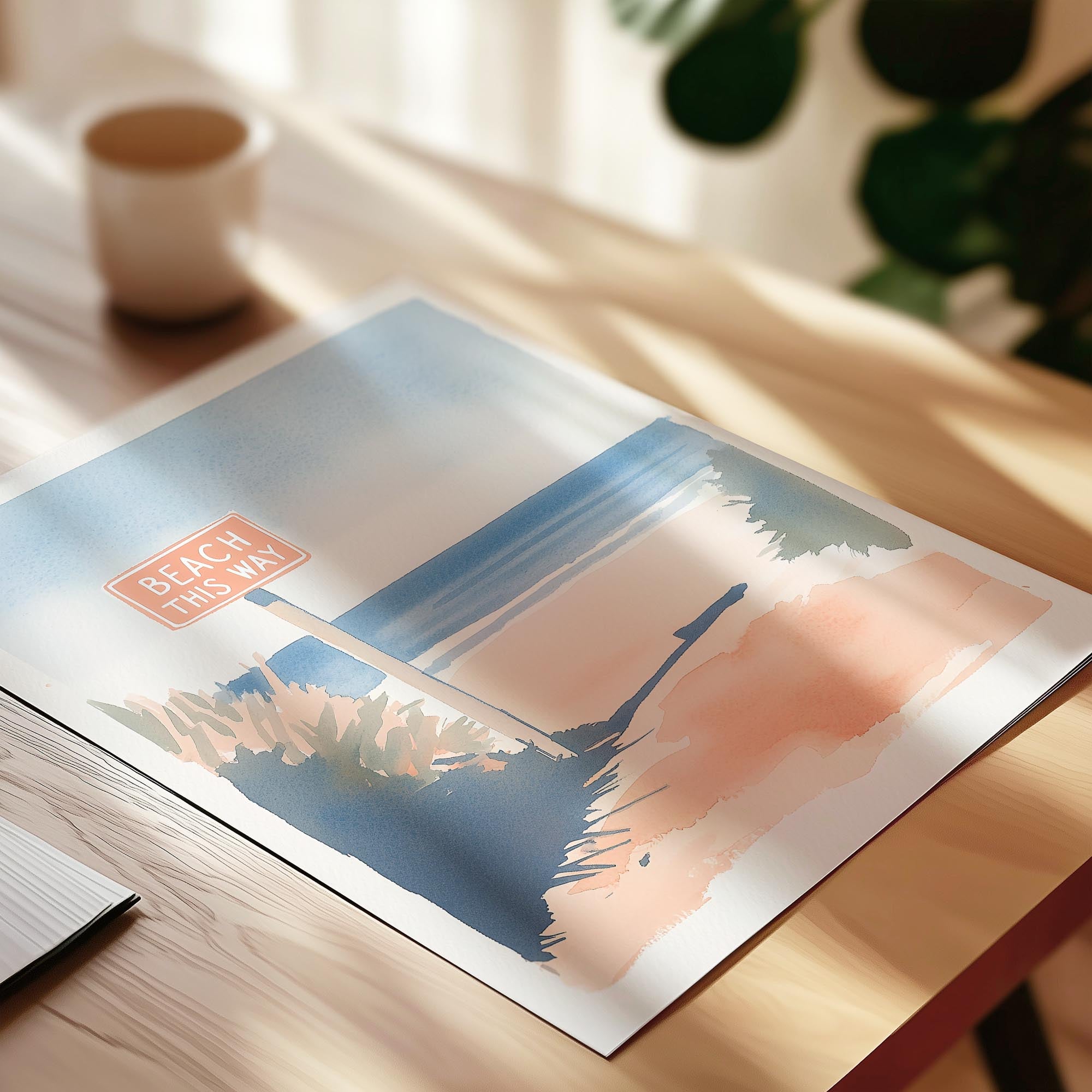 a close-up view of a printed material, possibly a book or magazine, with a beach scene depicted on the cover. The cover art is colorful and artistic, with a beach landscape and palm trees. There is also a cup visible in the background, suggesting that the scene might be taking place in a relaxed, leisurely setting.