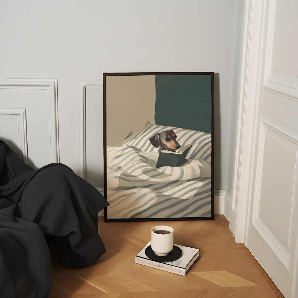 a cozy scene with a dog lying on a bed, reading a book, and a cup of coffee placed on a small table next to the bed.