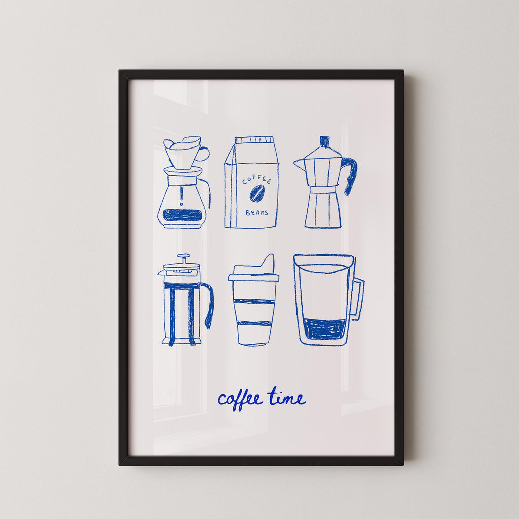 The image is a framed illustration of various coffee-related items, including a French press, a coffee bag, a coffee pot, a travel mug, and a thermos.