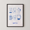 The image is a framed illustration of various coffee-related items, including a French press, a coffee bag, a coffee pot, a travel mug, and a thermos.