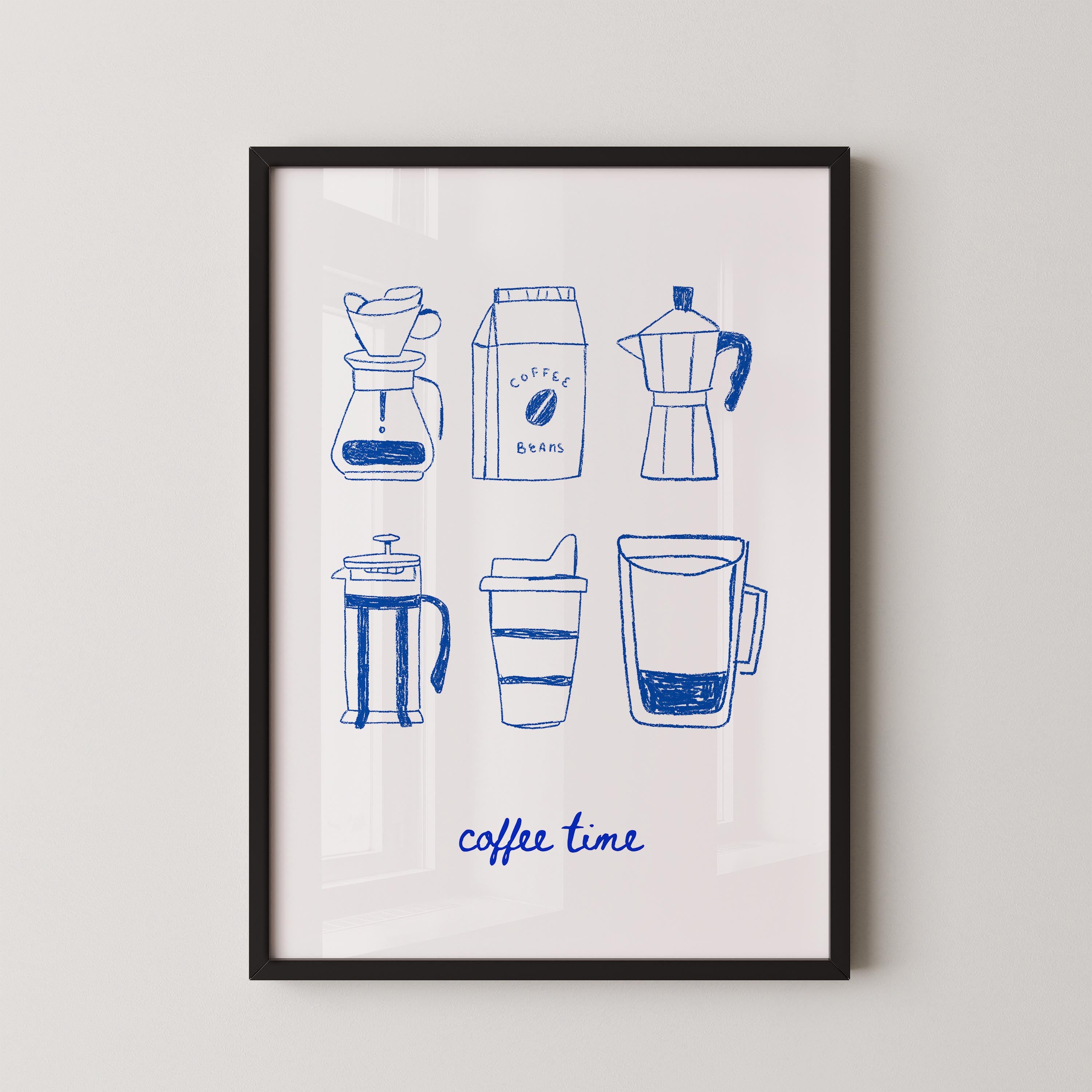 The image is a framed illustration of various coffee-related items, including a French press, a coffee bag, a coffee pot, a travel mug, and a thermos.