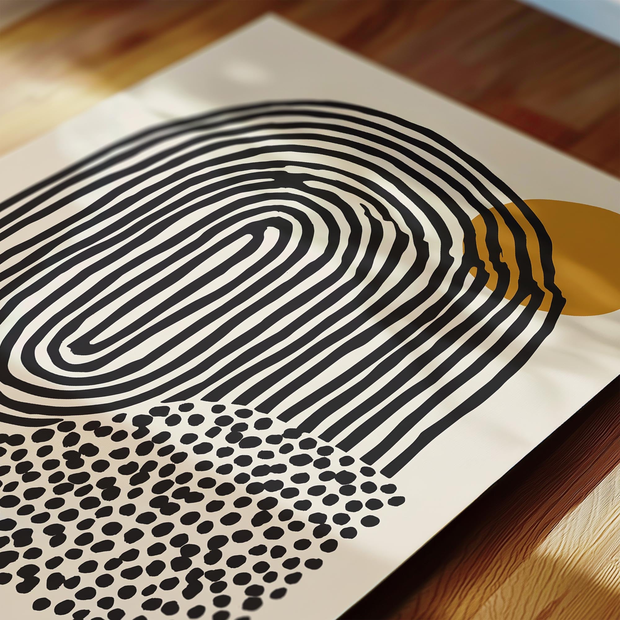 a close-up view of a piece of art with a striking abstract design. The artwork consists of a large, curved shape in black and white, with a smaller, circular shape in black and white with a polka dot pattern. The composition creates a visually interesting contrast between the two shapes.