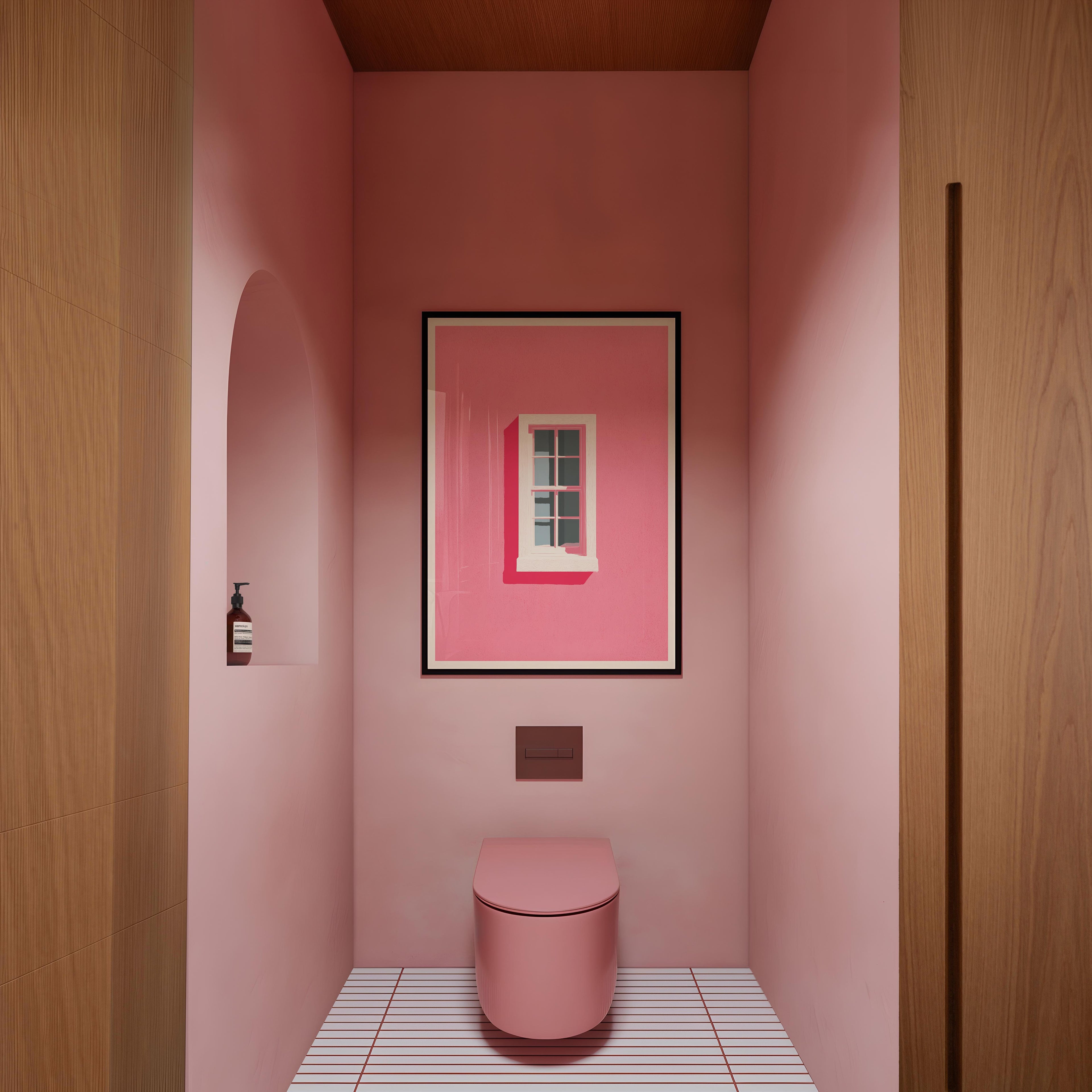 a bathroom with a pink wall, a white toilet, and a framed artwork of a window on the wall.