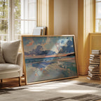 a large painting of a beach scene with a blue sky and clouds, displayed on a wall in a room with a window and a stack of books.