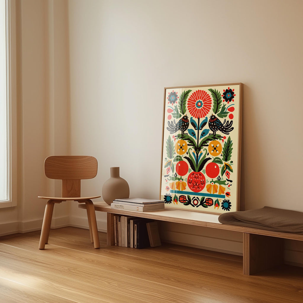 a wooden chair, a wooden bench, a vase, and a framed poster on a wall.