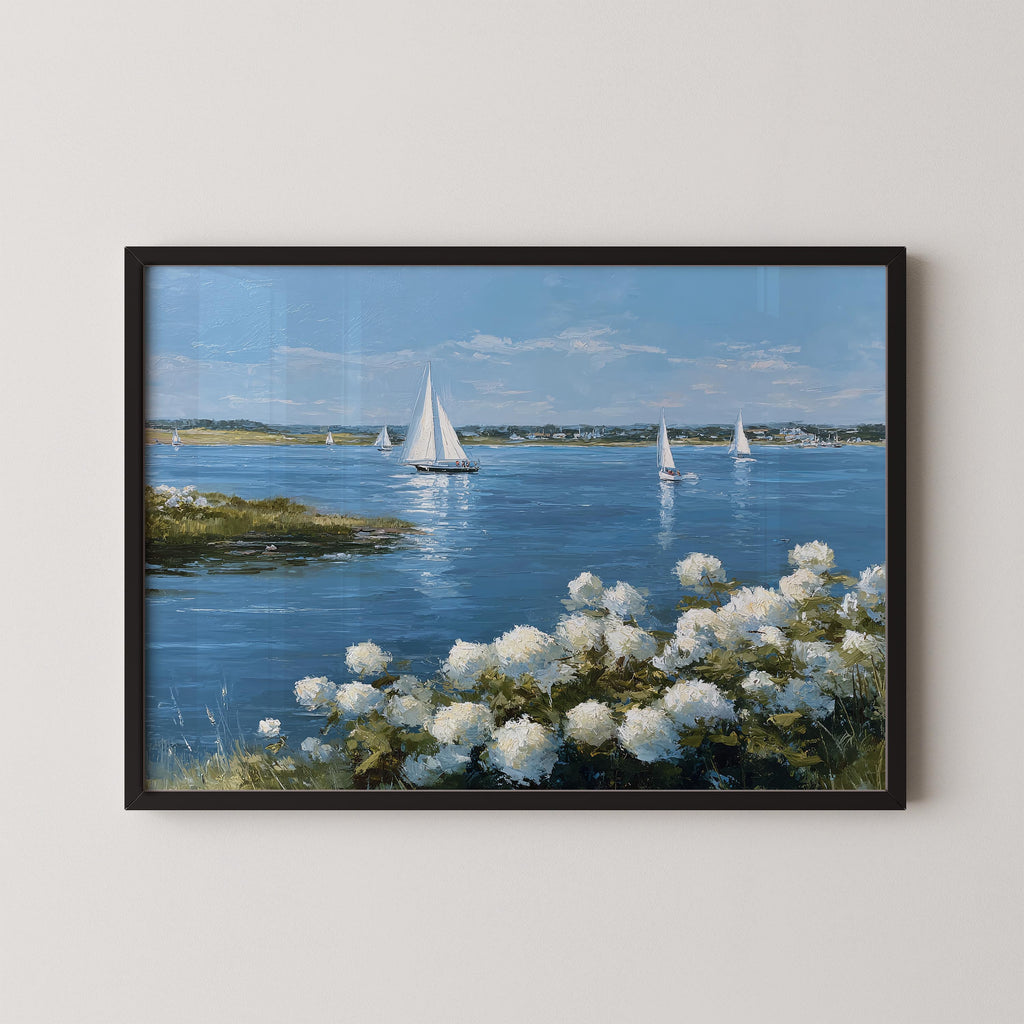 A framed painting depicting a serene scene of sailboats on a calm blue body of water, with white flowers in the foreground.