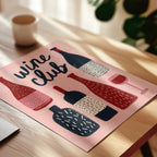 a pink background with illustrations of wine bottles and a wine glass, along with the text "Wine Club" written in a stylized font.