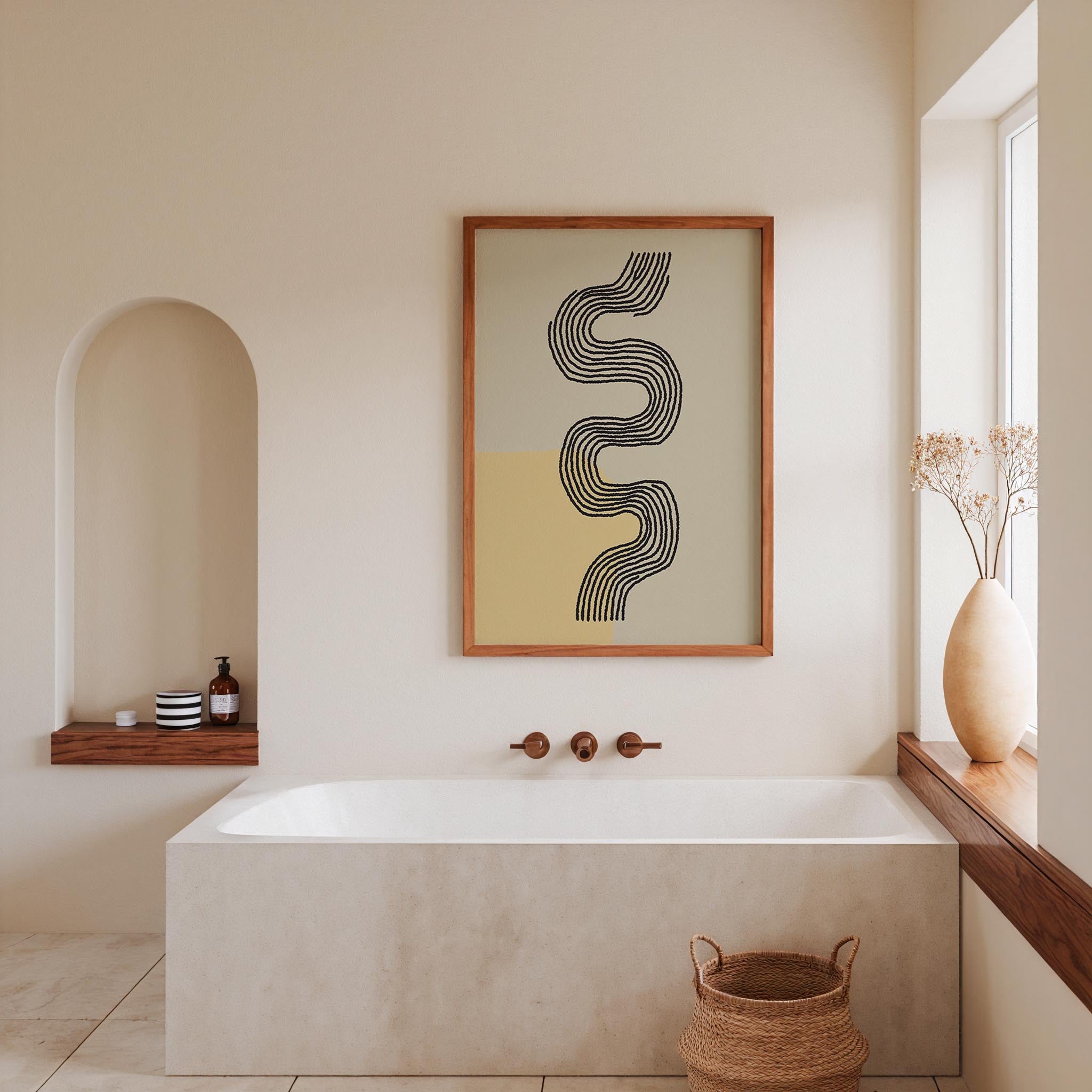 a modern bathroom with a large white bathtub, a wooden shelf, and a framed abstract artwork on the wall.