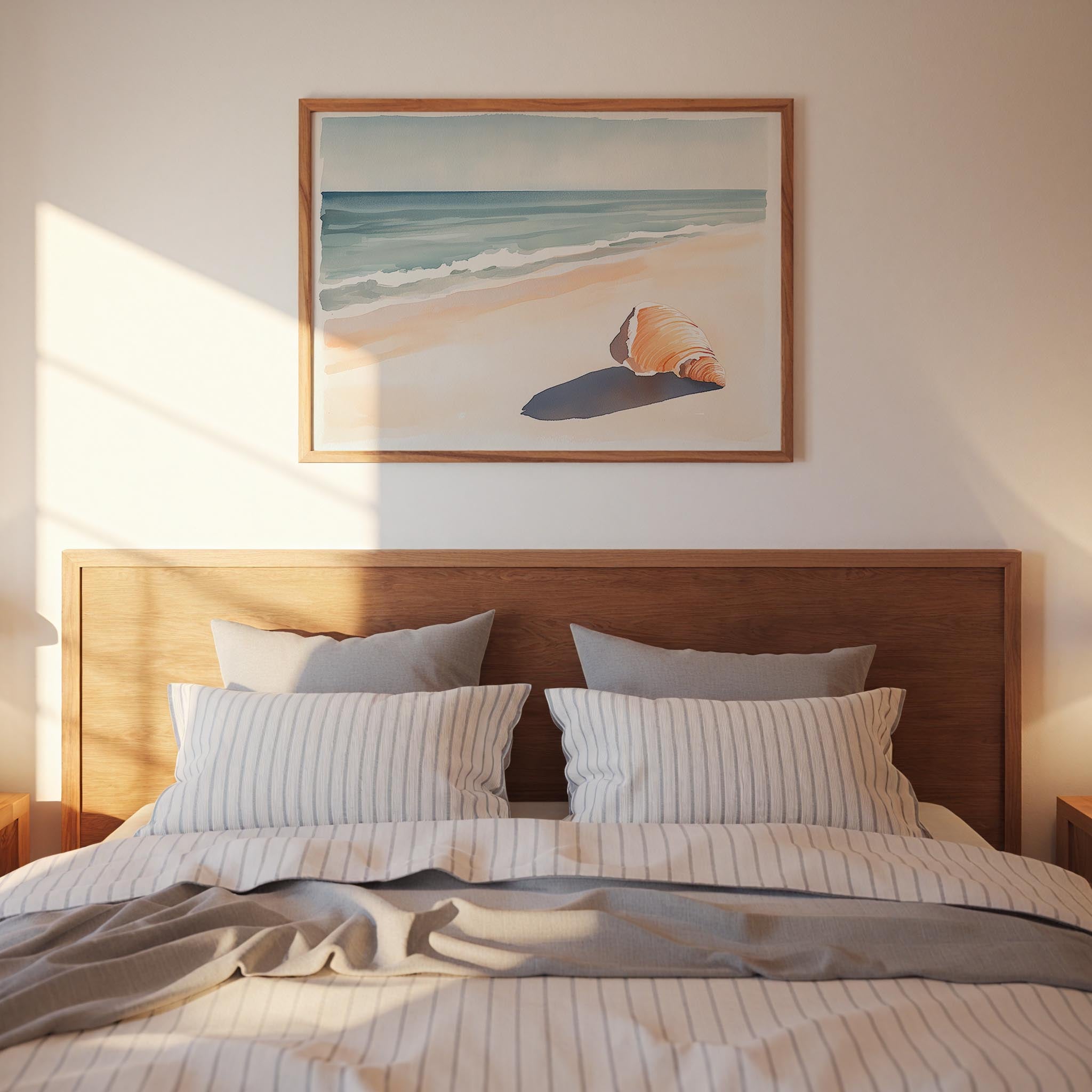 a serene bedroom scene with a wooden headboard and a framed painting of a beach scene above it.