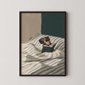 A dachshund dog is lying on a bed, reading a book.