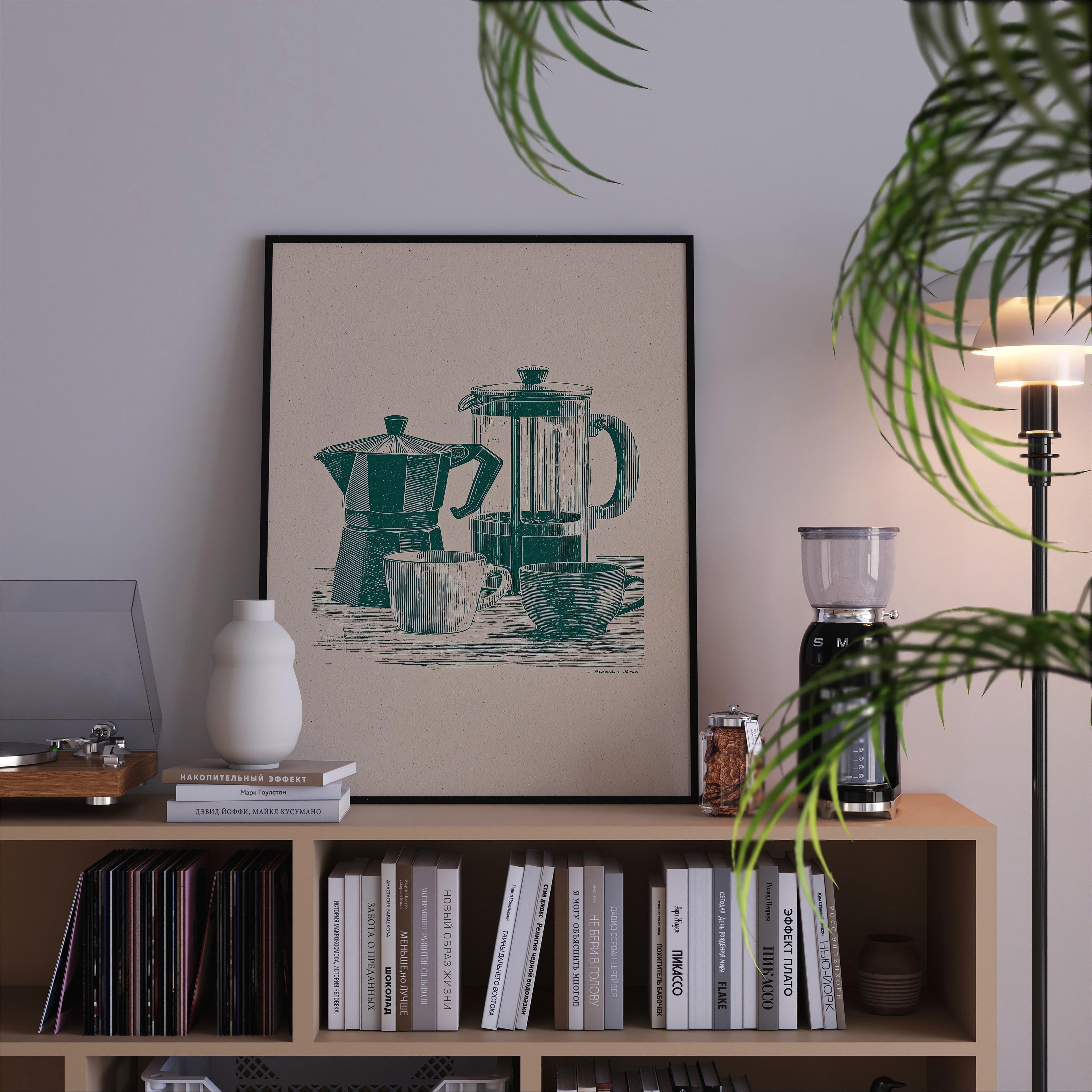 a bookshelf with various items on it, including a framed illustration of a coffee maker, a lamp, a vase, and a stack of books.