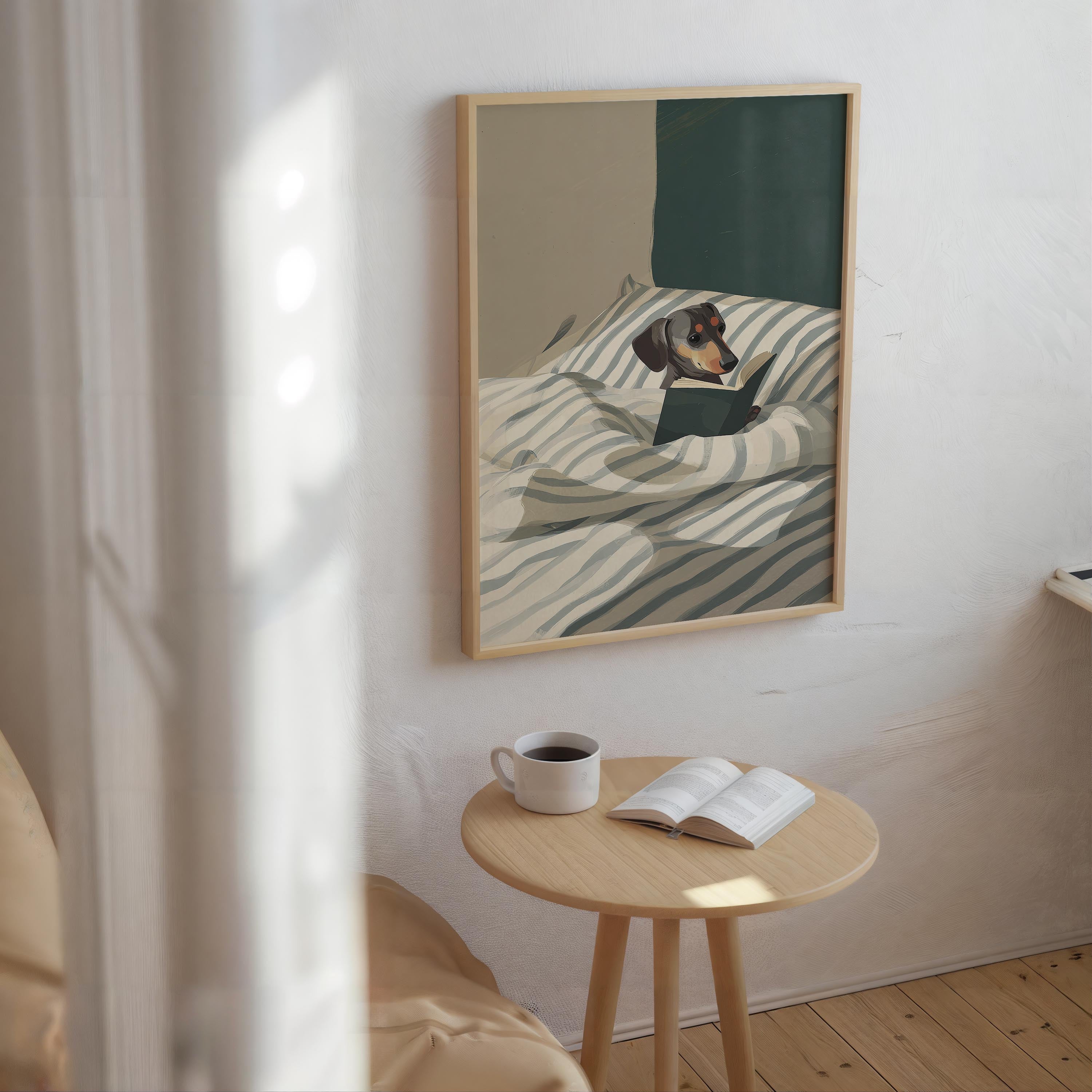a cozy scene with a dog lying on a bed, reading a book, and a small wooden table with a cup of coffee nearby.