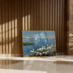 a painting of a serene landscape with sailboats on a calm body of water, set against a backdrop of a wooden wall.