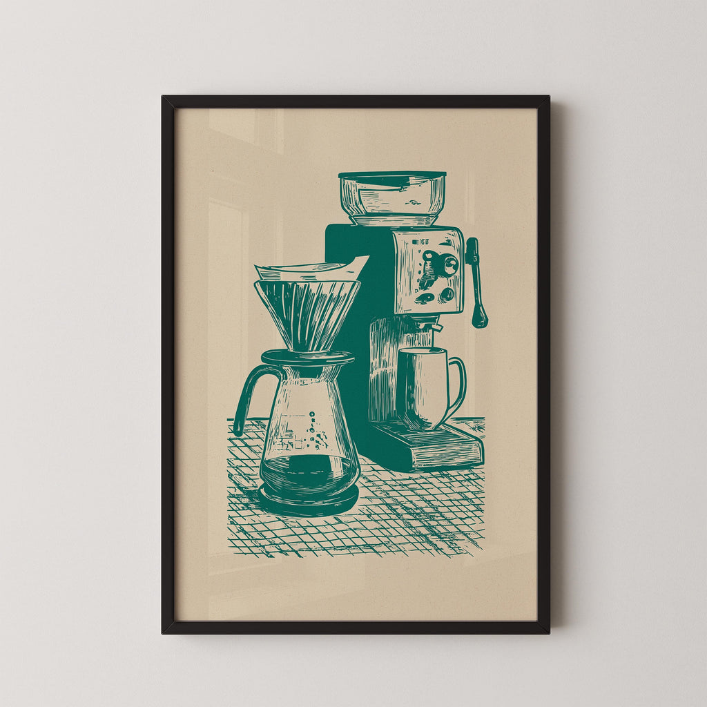 A framed illustration of a coffee brewing setup, including a French press, a coffee maker, and a glass carafe.