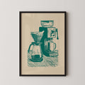 A framed illustration of a coffee brewing setup, including a French press, a coffee maker, and a glass carafe.