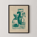 A framed illustration of a coffee brewing setup, including a French press, a coffee maker, and a glass carafe.