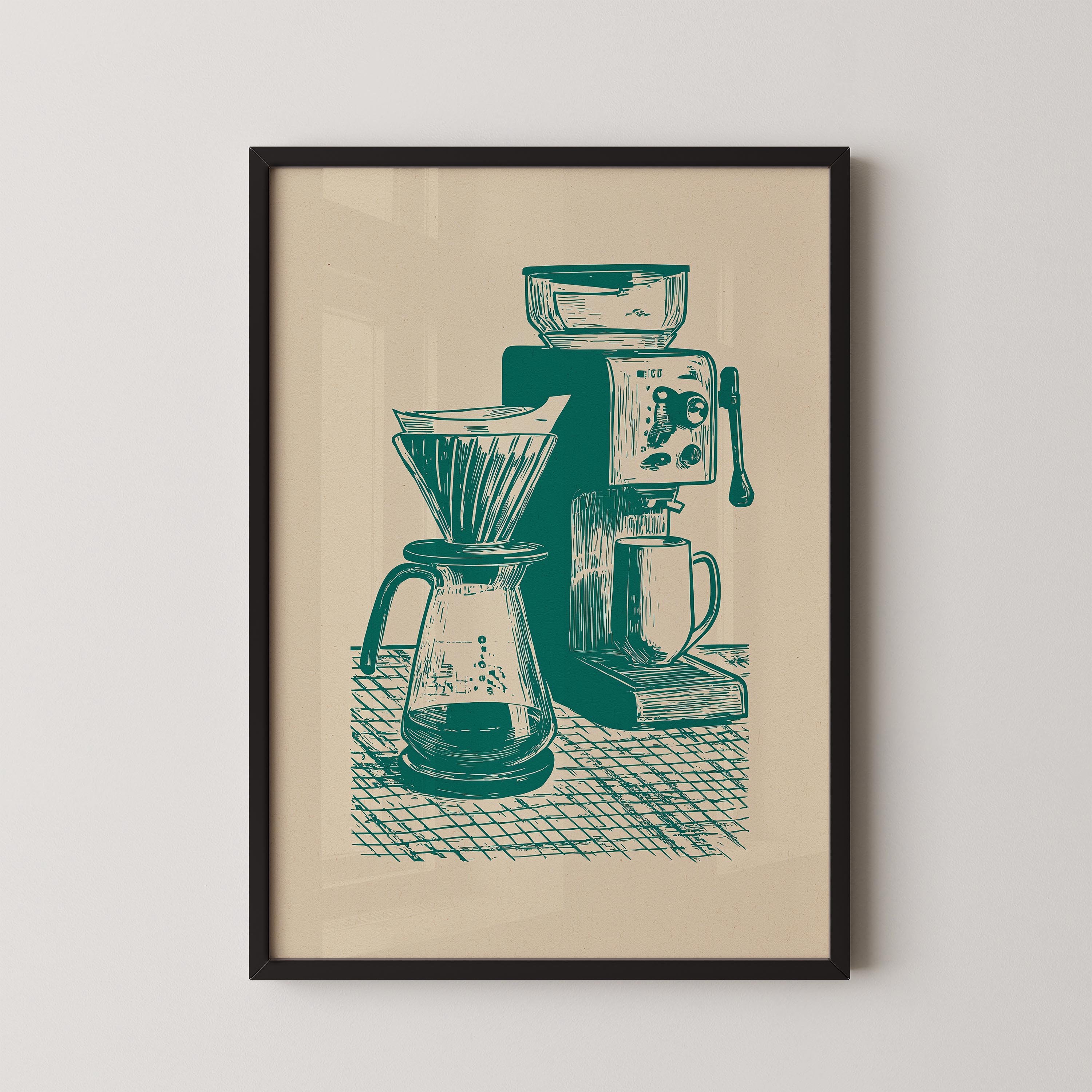 A framed illustration of a coffee brewing setup, including a French press, a coffee maker, and a glass carafe.