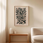 a minimalist living room with a large abstract painting hanging on the wall above a wooden table with three small white vases on it. The room has a white sofa and a wooden bench, creating a clean and modern aesthetic.