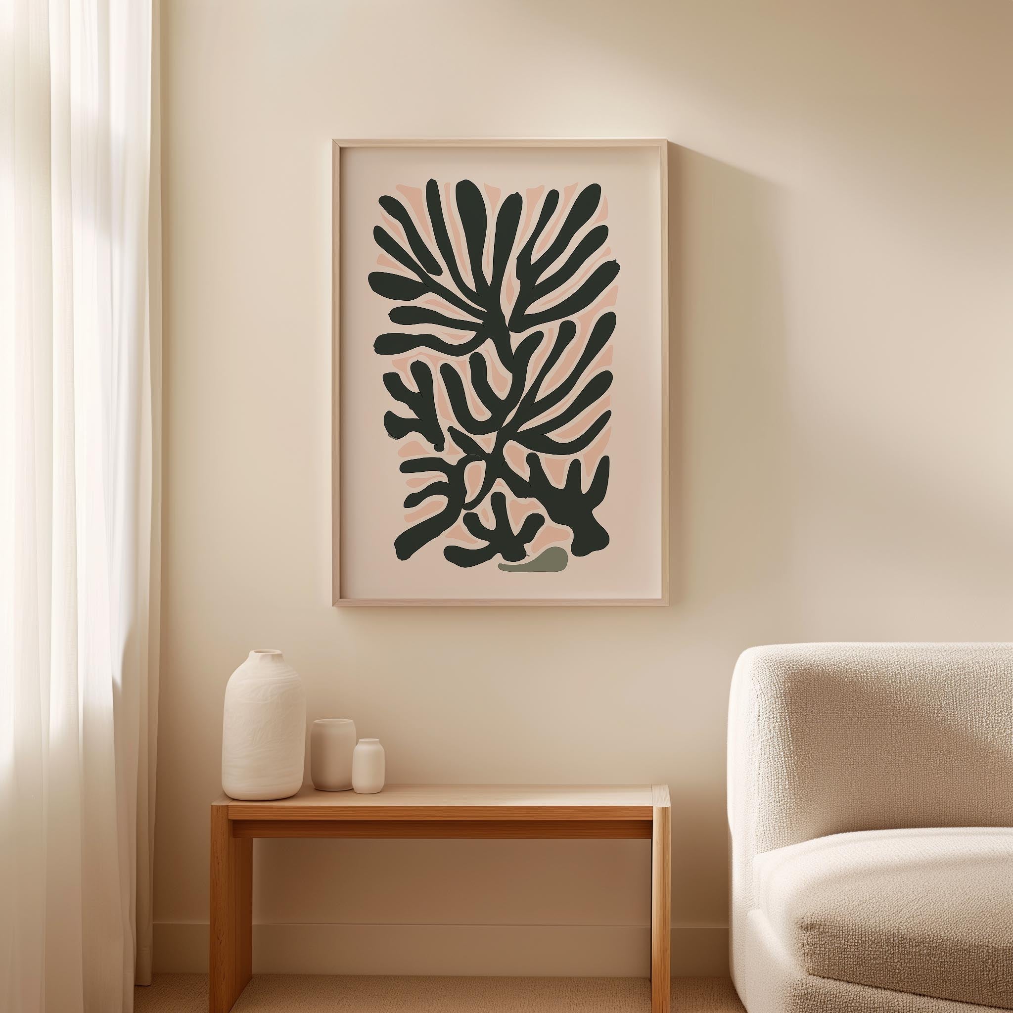 a minimalist living room with a large abstract painting hanging on the wall above a wooden table with three small white vases on it. The room has a white sofa and a wooden bench, creating a clean and modern aesthetic.