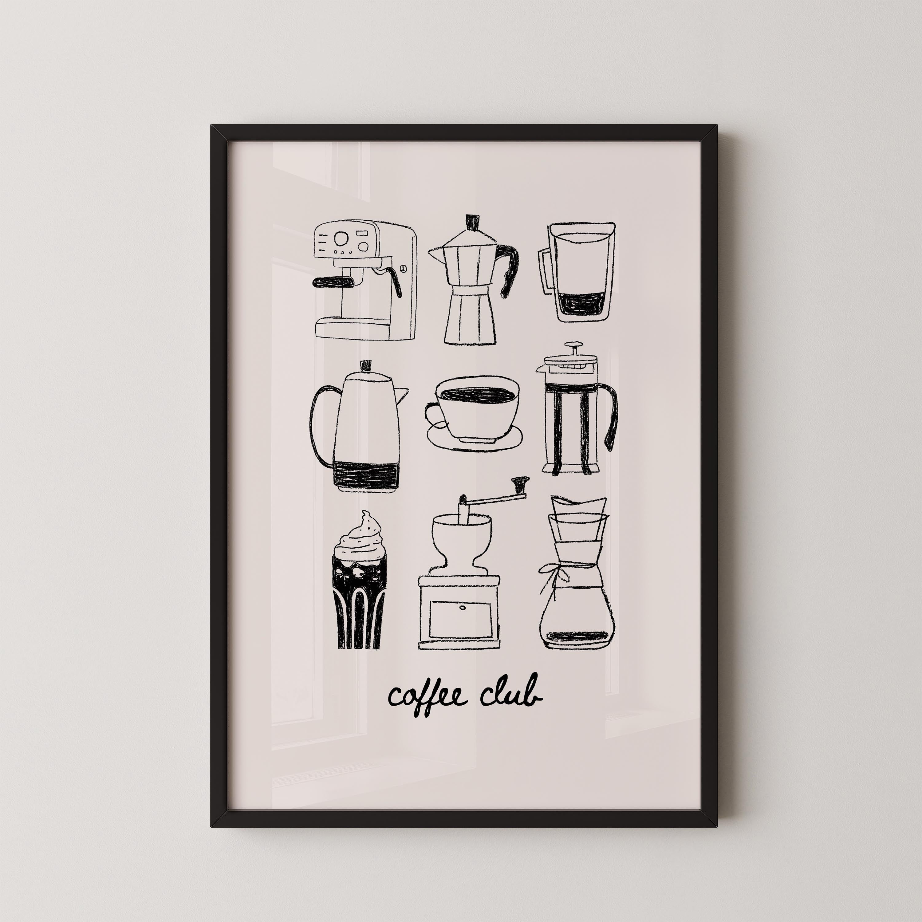 The image is a framed print featuring various coffee-related icons, including a coffee maker, coffee cup, French press, and other coffee-making equipment.