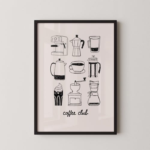 The image is a framed print featuring various coffee-related icons, including a coffee maker, coffee cup, French press, and other coffee-making equipment.