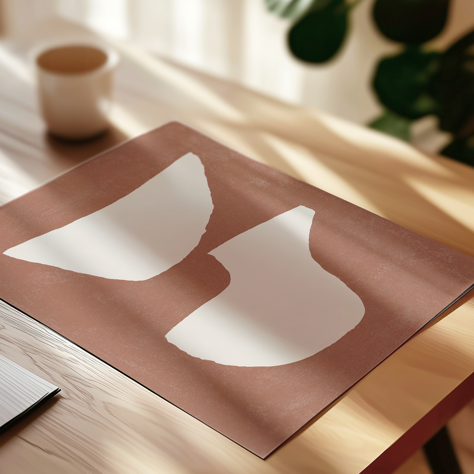 a brown paper with white shapes on it, placed on a wooden surface.