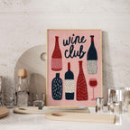 a framed illustration of wine bottles and glasses, with the text "wine club" prominently displayed.