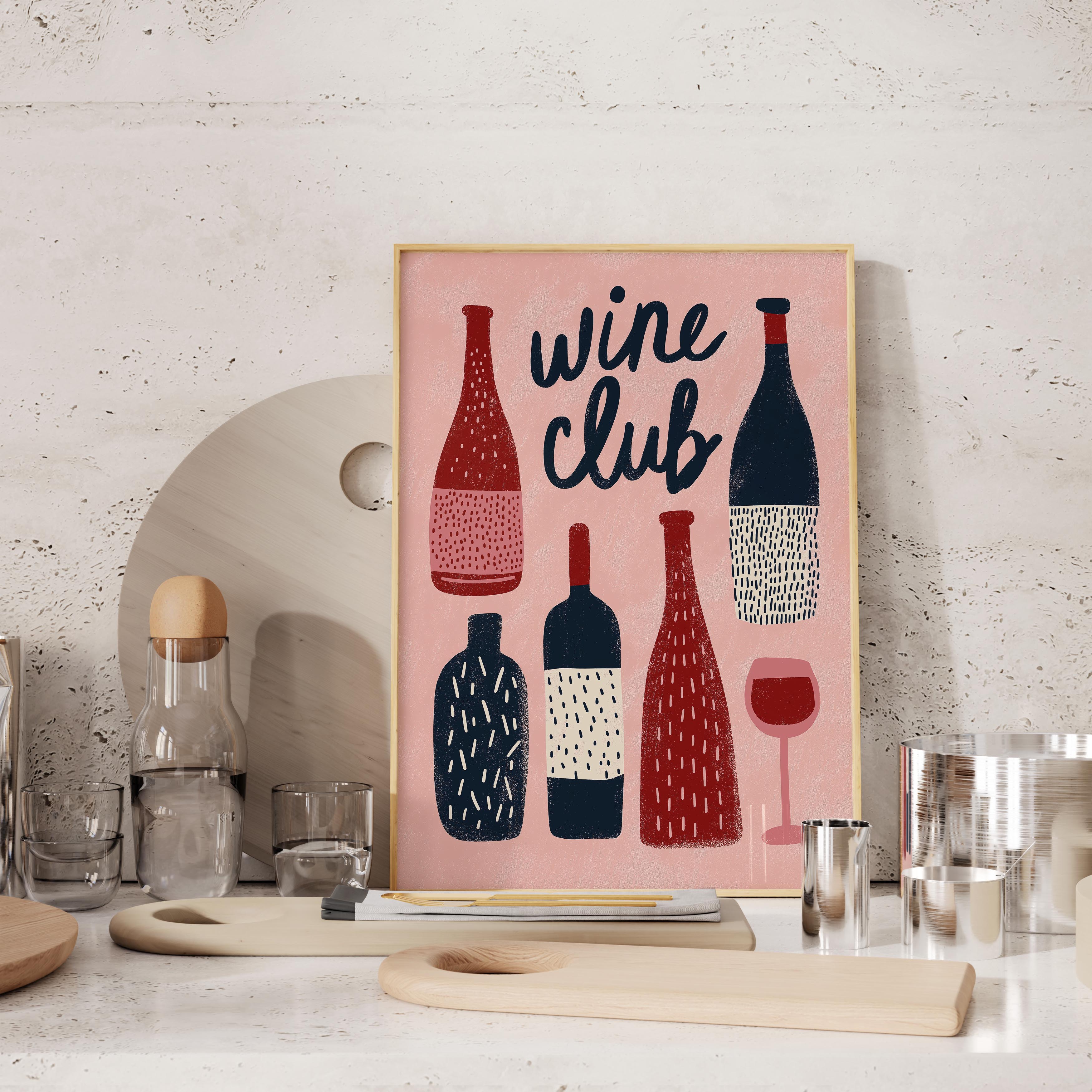 a framed illustration of wine bottles and glasses, with the text "wine club" prominently displayed.