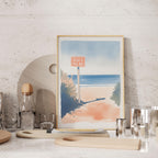 a framed painting of a beach scene with a sign that says "BEACH THIS WAY" in the foreground.