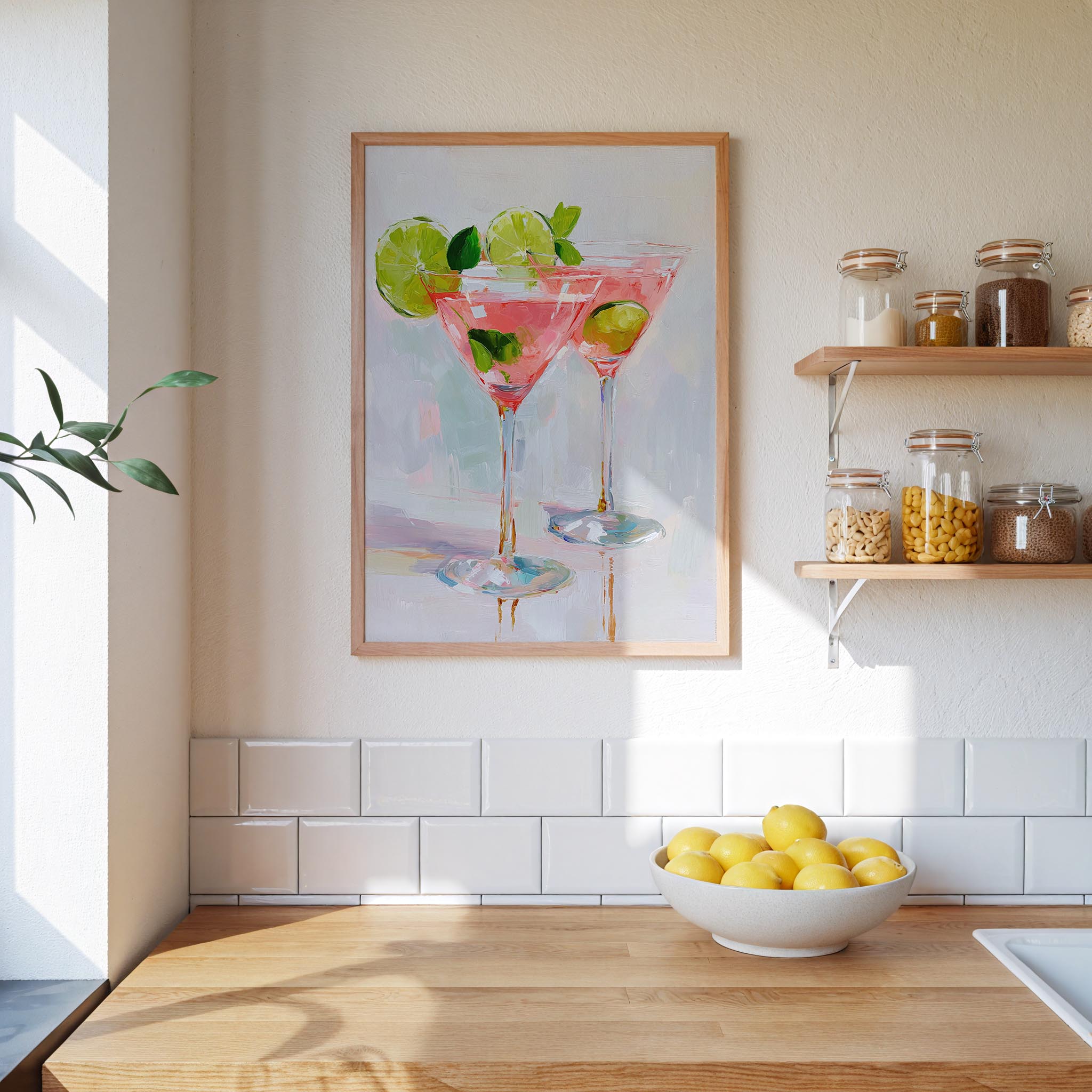 a kitchen counter with a bowl of lemons, a framed painting of two martini glasses with lime slices, and a shelf with various jars and containers.