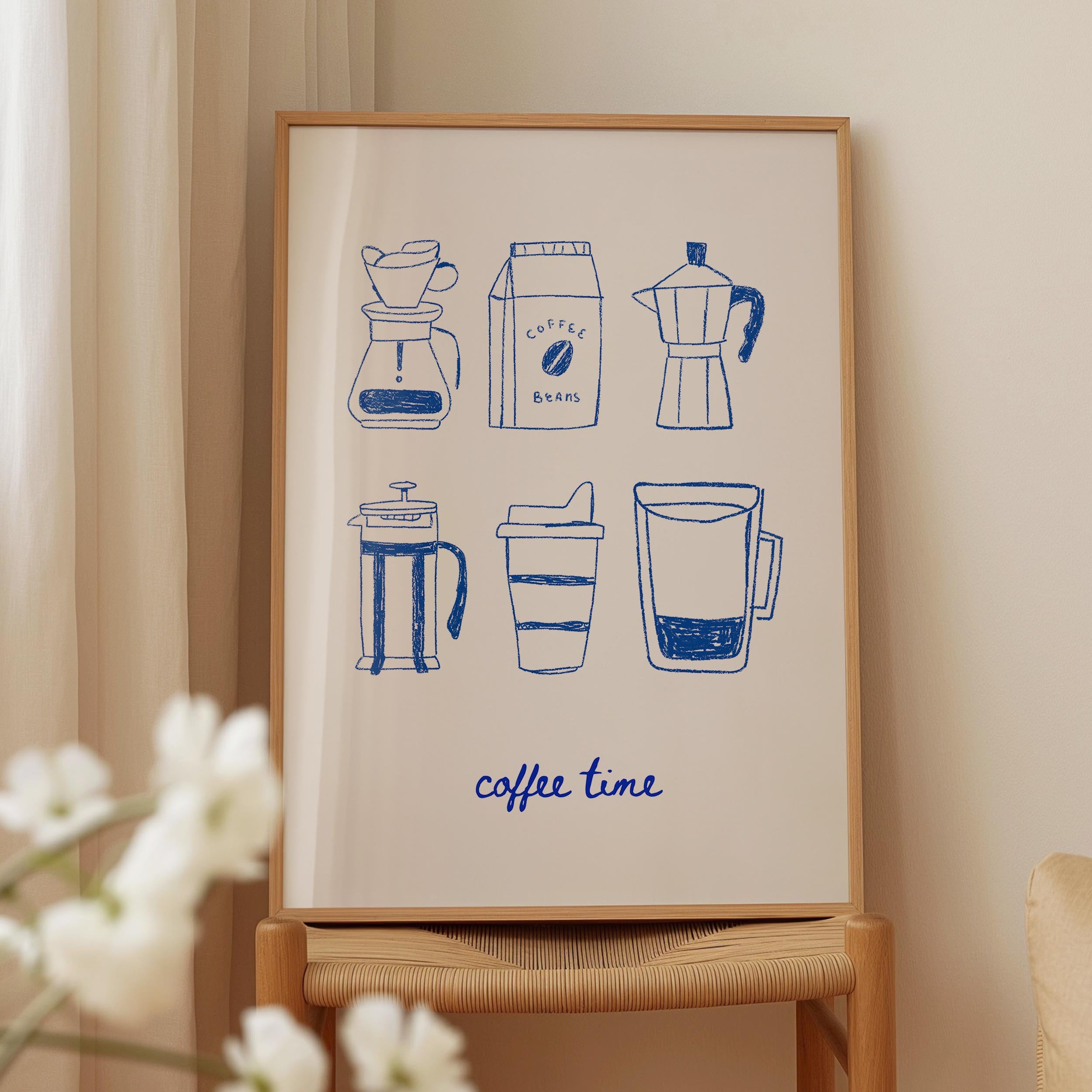 a framed print with illustrations of coffee-making equipment, including a French press, a coffee bag, a coffee pot, a coffee cup, and a coffee mug. The text "coffee time" is written below the illustrations.