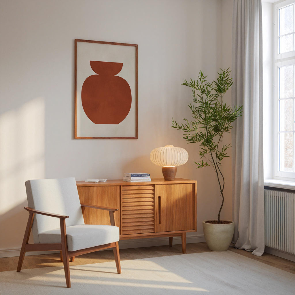 a cozy corner of a room with a white armchair, a wooden sideboard, a lamp, and a potted plant. The room has a minimalist and modern design, with a large window allowing natural light to fill the space.