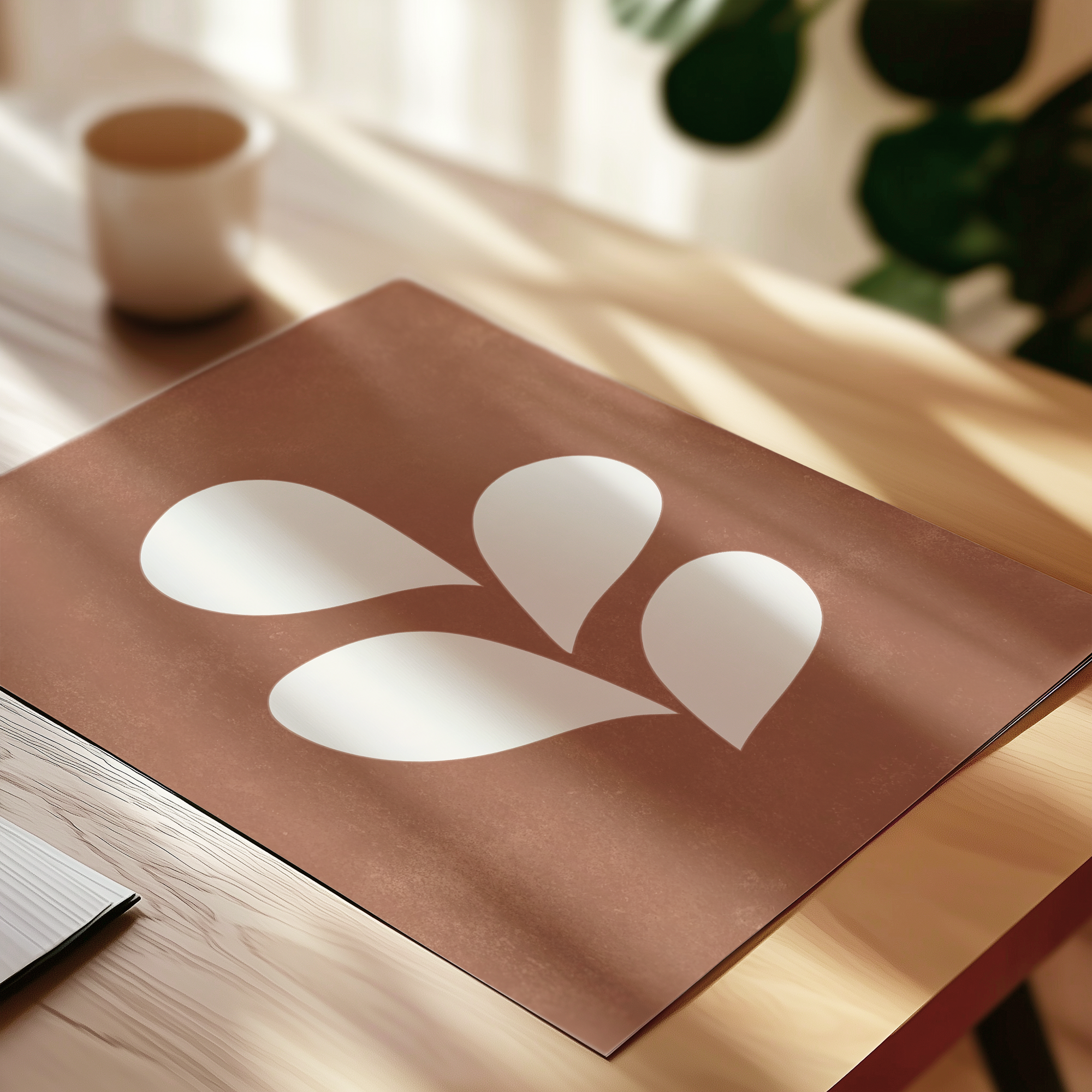 a brown paper with a white leaf design on it, placed on a wooden surface. In the background, there is a white cup and a plant.