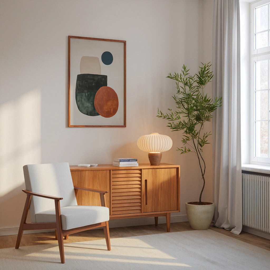 a cozy living room with a white armchair, a wooden sideboard, a lamp, and a potted plant. The room has a minimalist and modern design, with a large abstract painting on the wall and a window providing natural light.