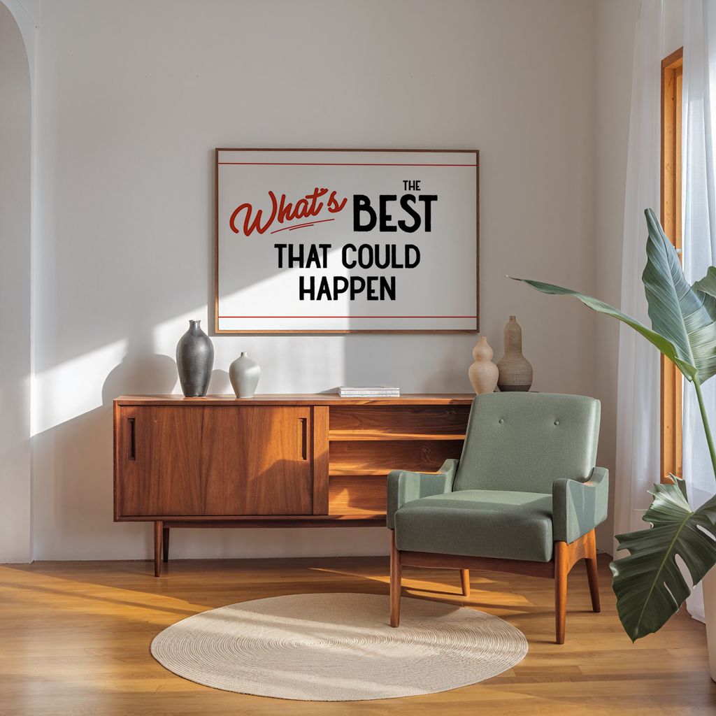 a living room with a wooden cabinet, a green armchair, and a framed quote on the wall that reads "What's best that could happen".